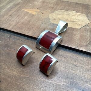 Vintage Mexico 925 Silver Red Jasper pendant and earrings.